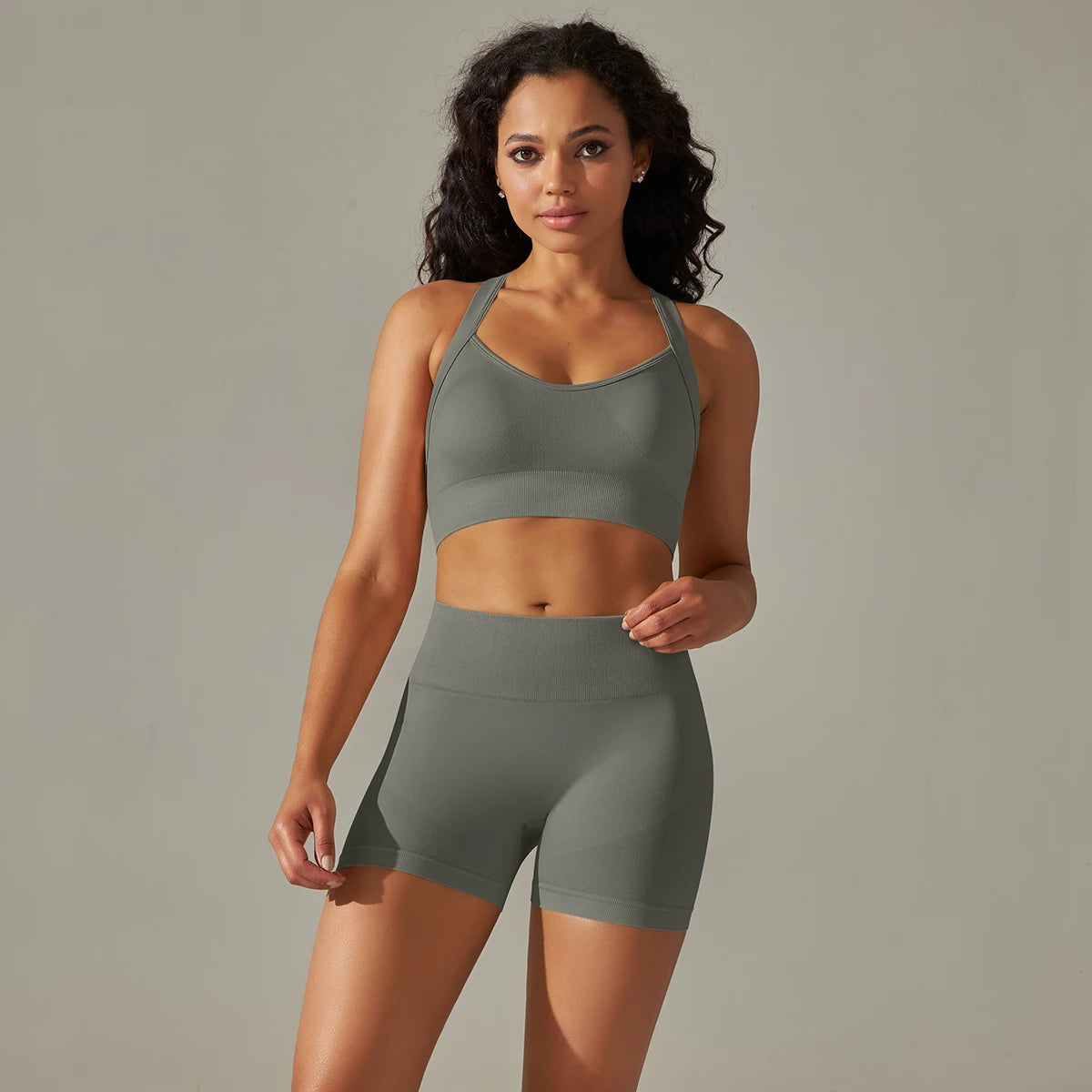 Two-Piece Workout Set – Cross Back Sports Bra &amp; High-Waist Shorts