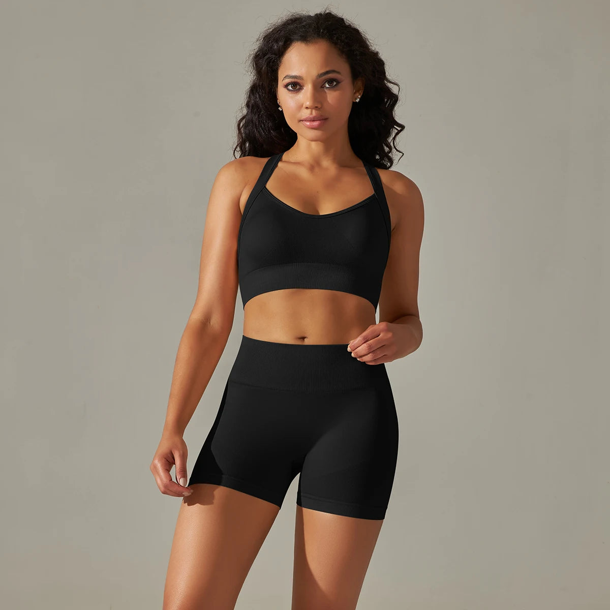 Two-Piece Workout Set – Cross Back Sports Bra &amp; High-Waist Shorts