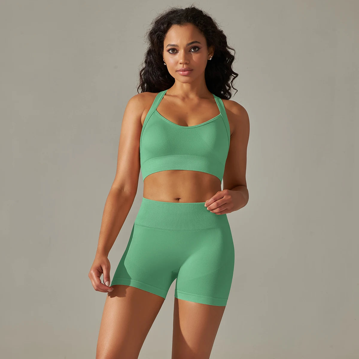 Two-Piece Workout Set – Cross Back Sports Bra &amp; High-Waist Shorts
