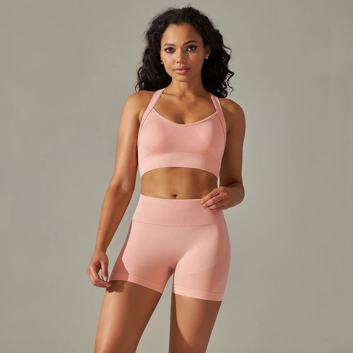 Two-Piece Workout Set – Cross Back Sports Bra &amp; High-Waist Shorts