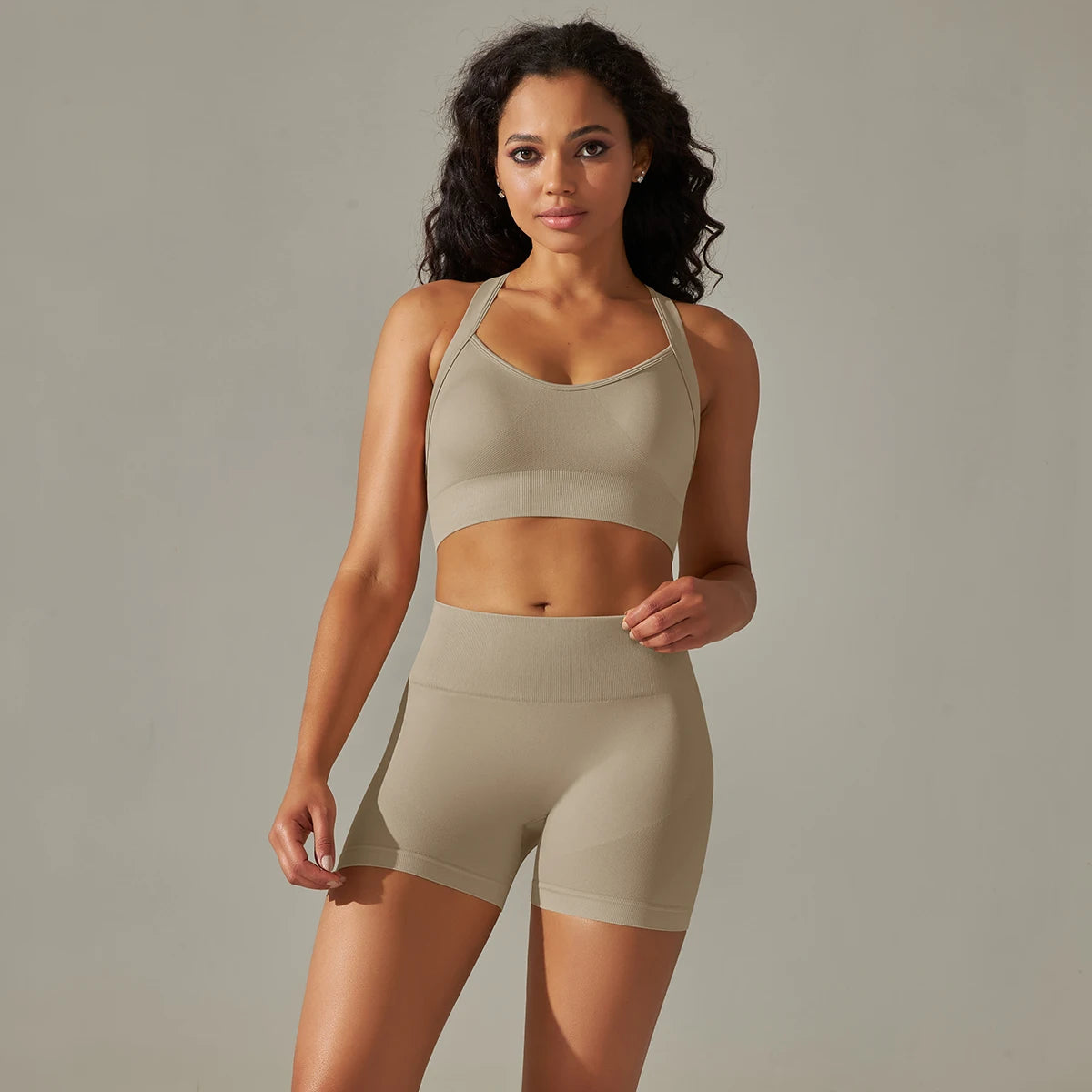 Two-Piece Workout Set – Cross Back Sports Bra &amp; High-Waist Shorts