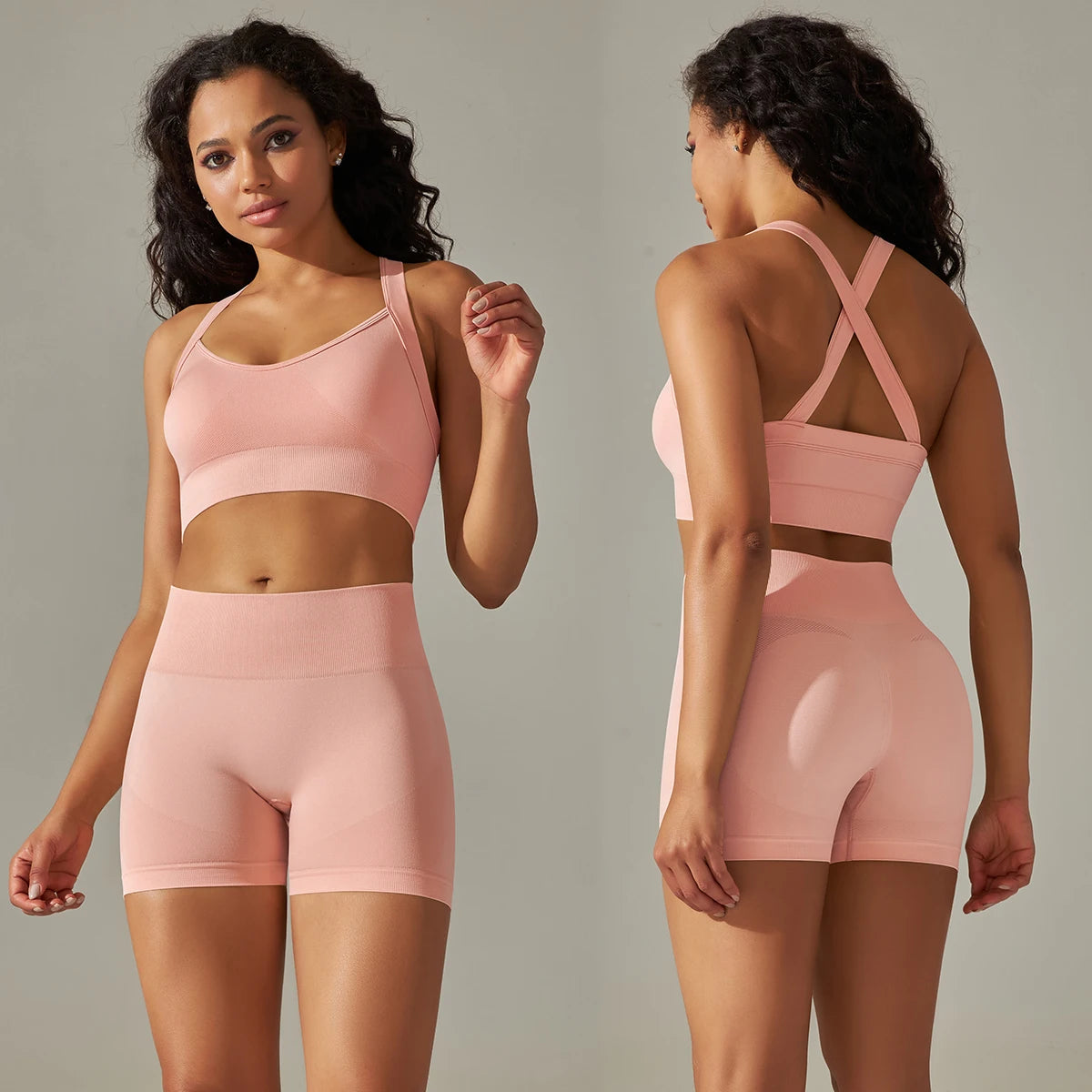 Two-Piece Workout Set – Cross Back Sports Bra &amp; High-Waist Shorts