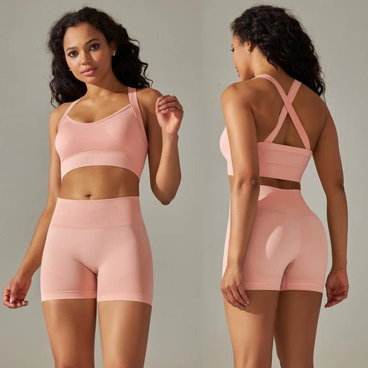 Two-Piece Workout Set – Cross Back Sports Bra &amp; High-Waist Shorts